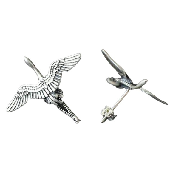Crane Design Silver Stud Earrings - Picture 9 of 10